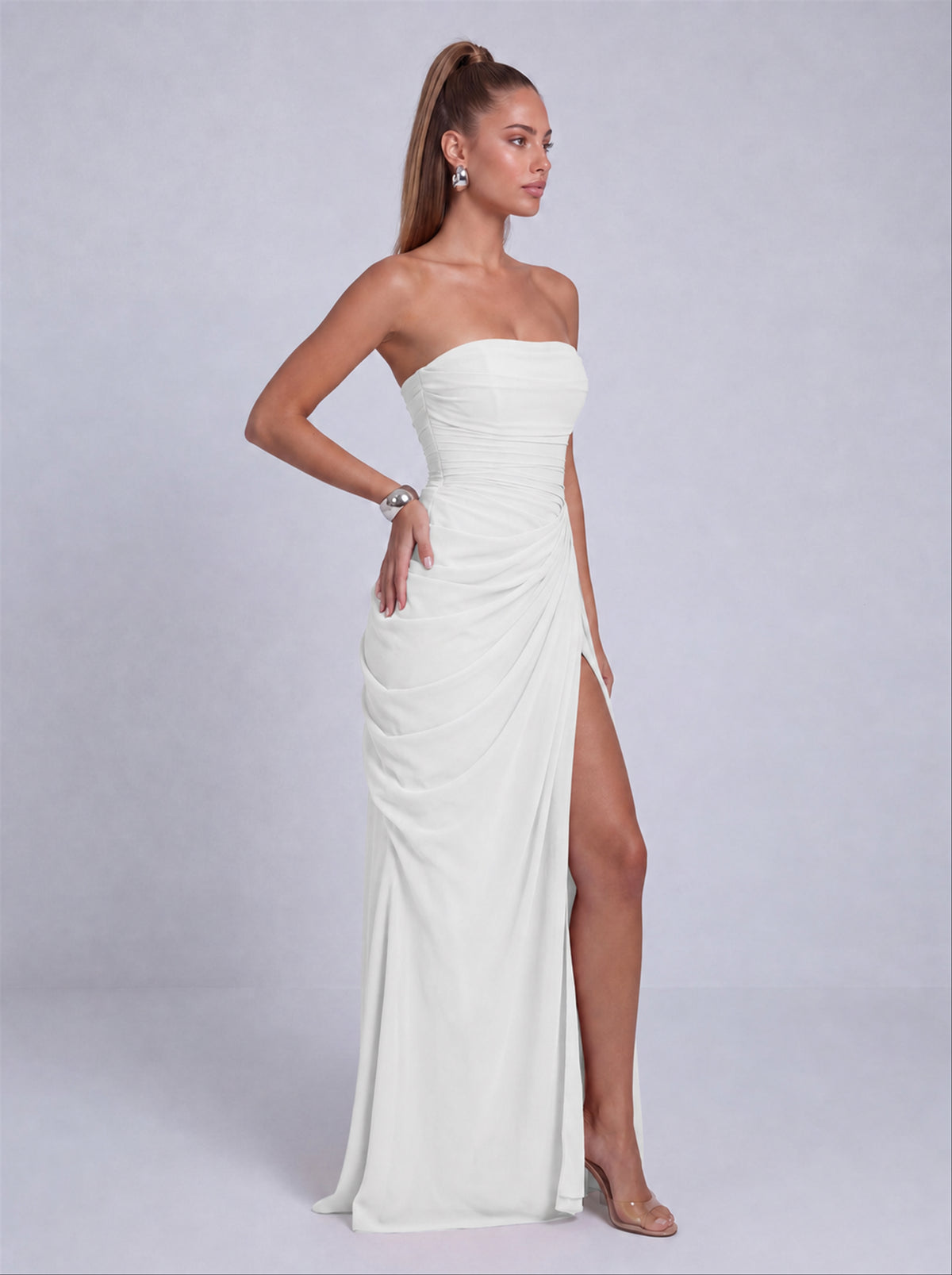 Strapless Ruched Lace-Up Back Slit Maxi Dress - White - View 5
