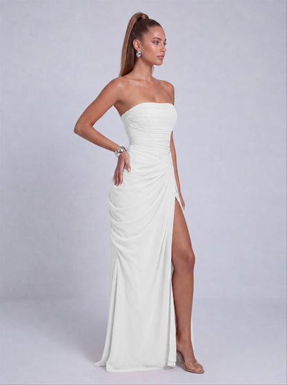 Strapless Ruched Lace-Up Back Slit Maxi Dress - White - View 5