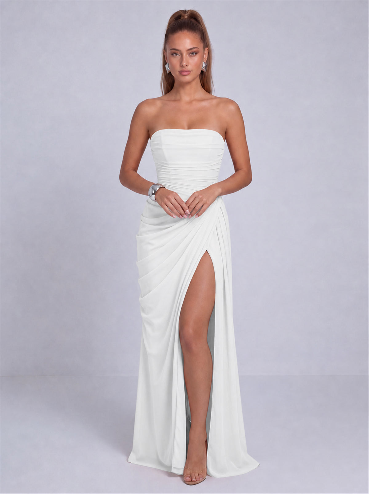 Strapless Ruched Lace-Up Back Slit Maxi Dress - White - View 6