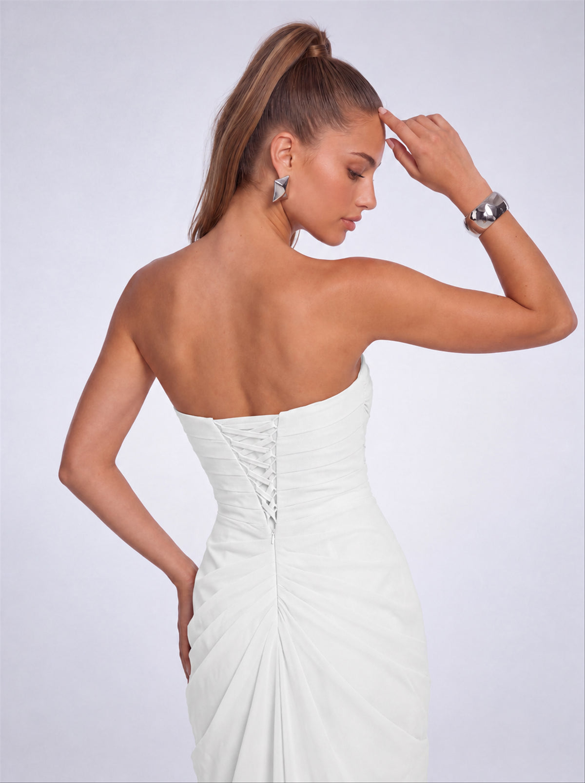 Strapless Ruched Lace-Up Back Slit Maxi Dress - White - View 7