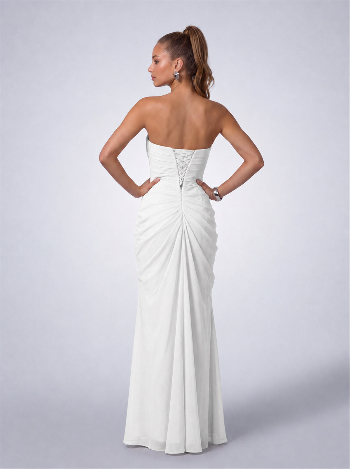 Strapless Ruched Lace-Up Back Slit Maxi Dress - White - View 8
