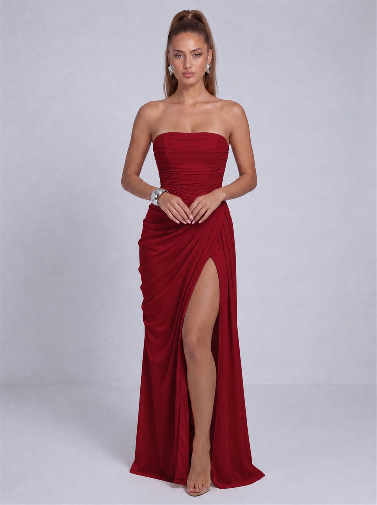 Strapless Ruched Lace-Up Back Slit Maxi Dress - Wine Red - View 2