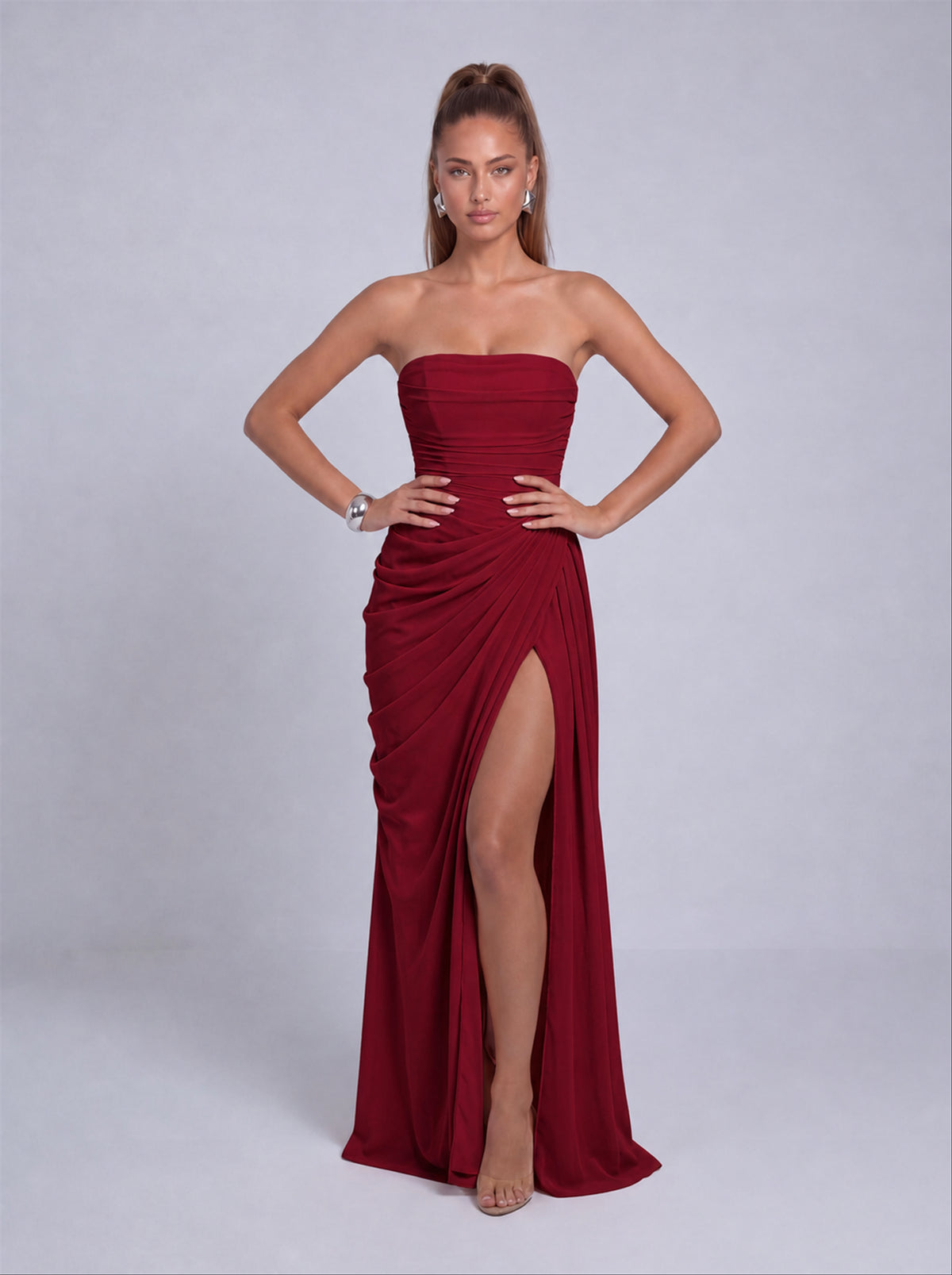 Strapless Ruched Lace-Up Back Slit Maxi Dress - Wine Red - View 4