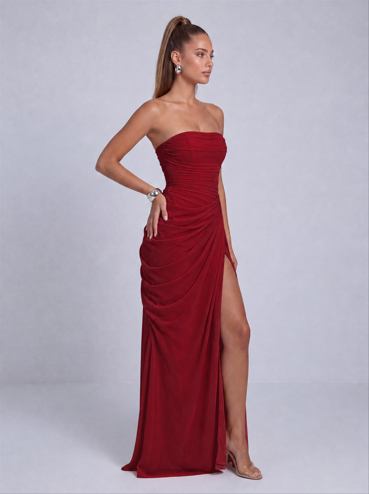 Strapless Ruched Lace-Up Back Slit Maxi Dress - Wine Red - View 5