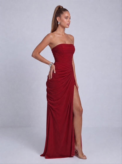 Strapless Ruched Lace-Up Back Slit Maxi Dress - Wine Red - View 5