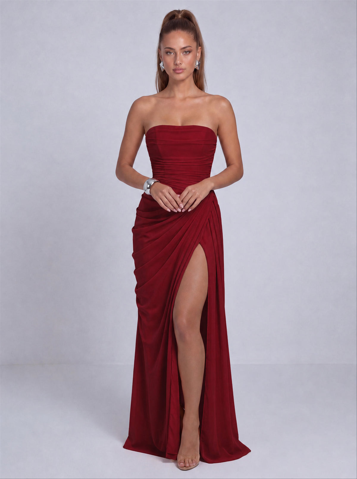 Strapless Ruched Lace-Up Back Slit Maxi Dress - Wine Red - View 6