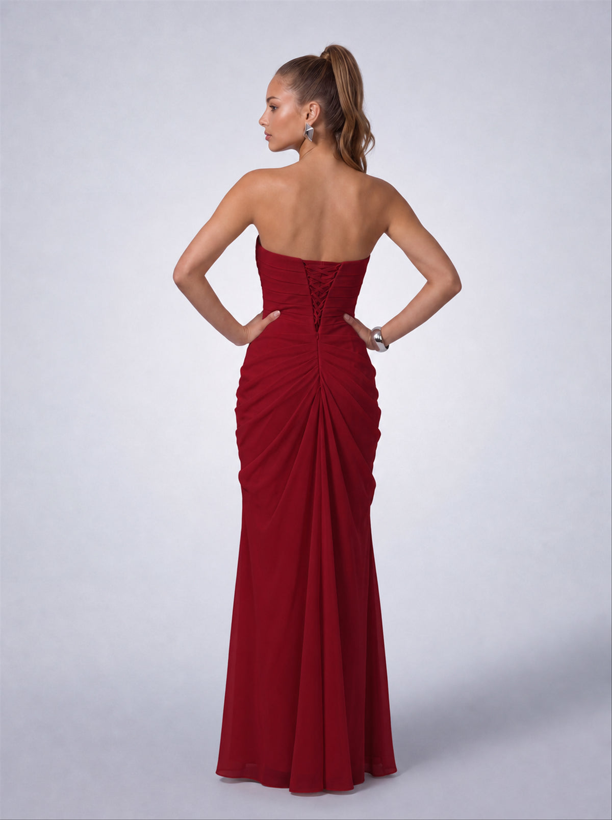 Strapless Ruched Lace-Up Back Slit Maxi Dress - Wine Red - View 8