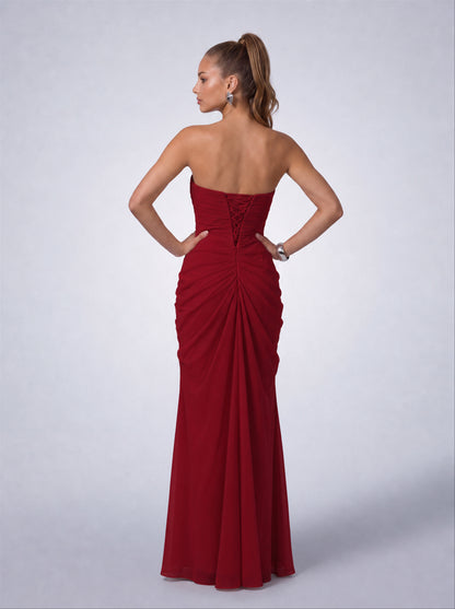 Strapless Ruched Lace-Up Back Slit Maxi Dress - Wine Red - View 8