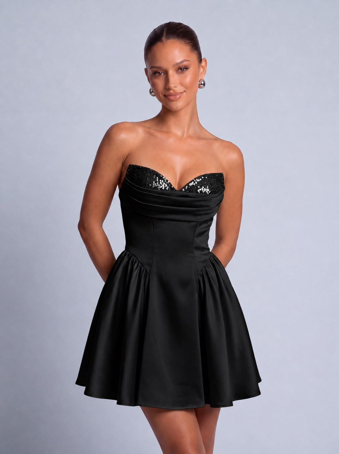 Sequin Sweetheart Strapless Satin Fit-and-Flare Mini Dress – Party & Cocktail Dress - Black - View 3