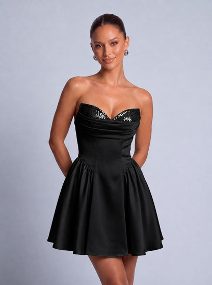 Sequin Sweetheart Strapless Satin Fit-and-Flare Mini Dress – Party & Cocktail Dress - Black - View 3