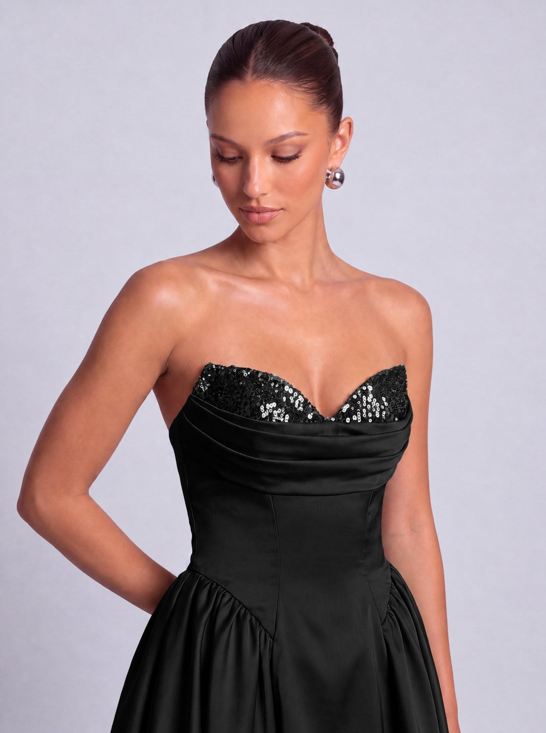 Sequin Sweetheart Strapless Satin Fit-and-Flare Mini Dress – Party & Cocktail Dress - Black - View 4
