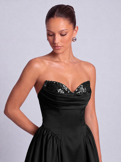Sequin Sweetheart Strapless Satin Fit-and-Flare Mini Dress – Party & Cocktail Dress - Black - View 4