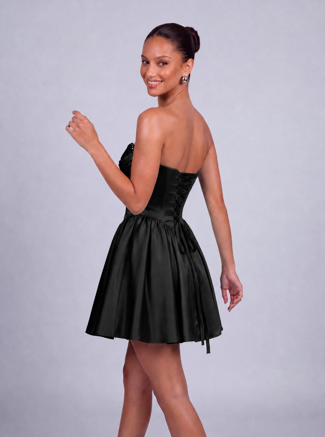 Sequin Sweetheart Strapless Satin Fit-and-Flare Mini Dress – Party & Cocktail Dress - Black - View 5