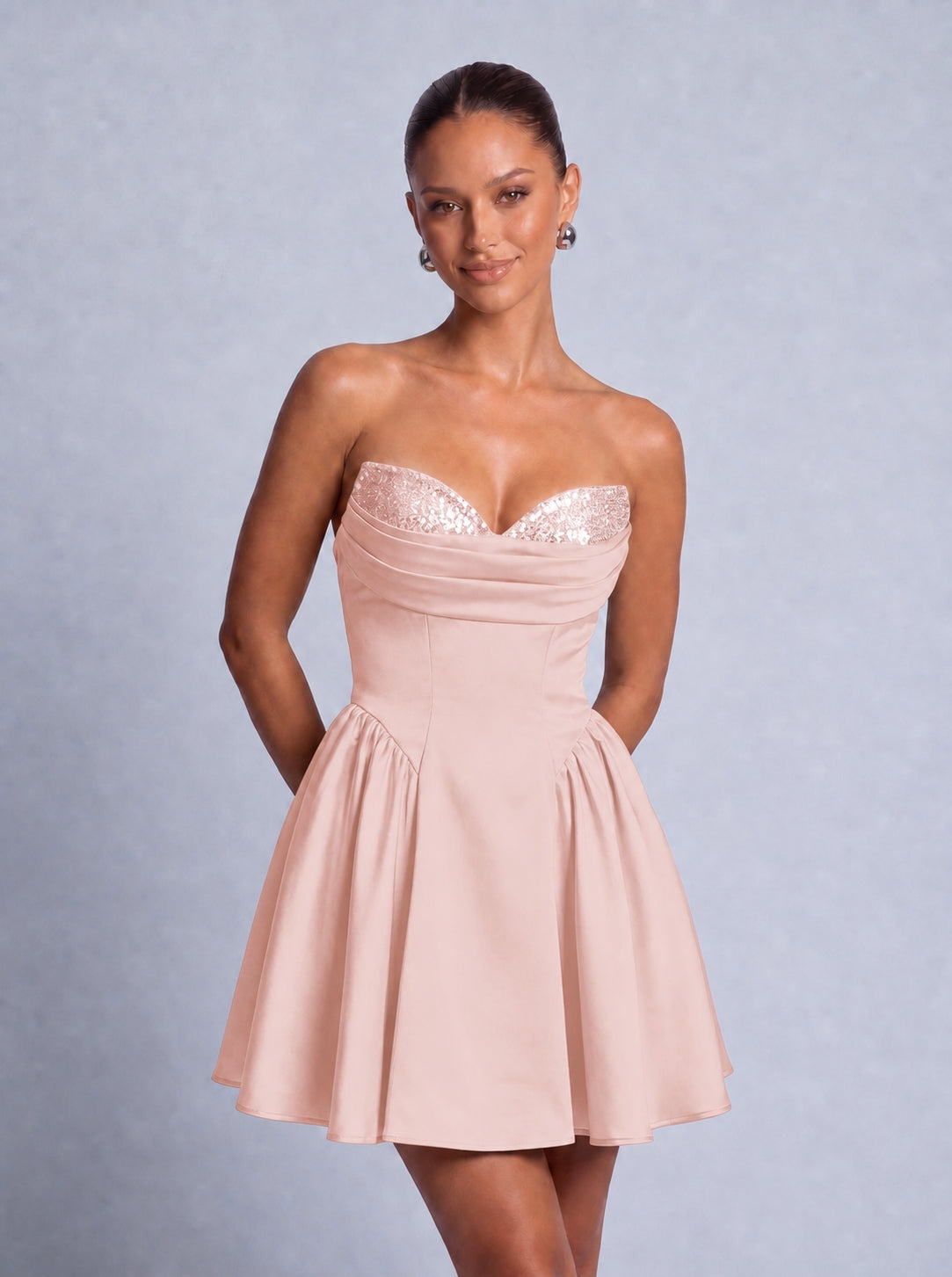Sequin Sweetheart Strapless Satin Fit-and-Flare Mini Dress – Party & Cocktail Dress - Light Pink - View 3