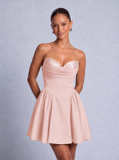 Sequin Sweetheart Strapless Satin Fit-and-Flare Mini Dress – Party & Cocktail Dress - Light Pink - View 3