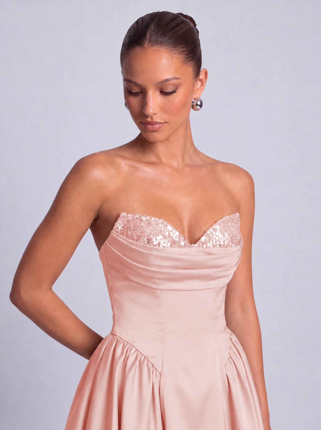 Sequin Sweetheart Strapless Satin Fit-and-Flare Mini Dress – Party & Cocktail Dress - Light Pink - View 4