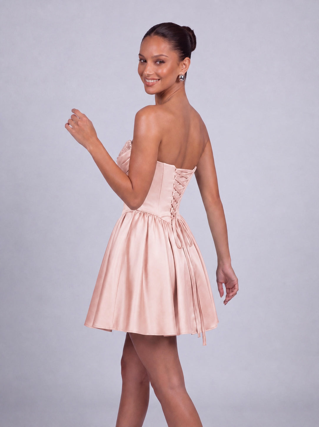 Sequin Sweetheart Strapless Satin Fit-and-Flare Mini Dress – Party & Cocktail Dress - Light Pink - View 5