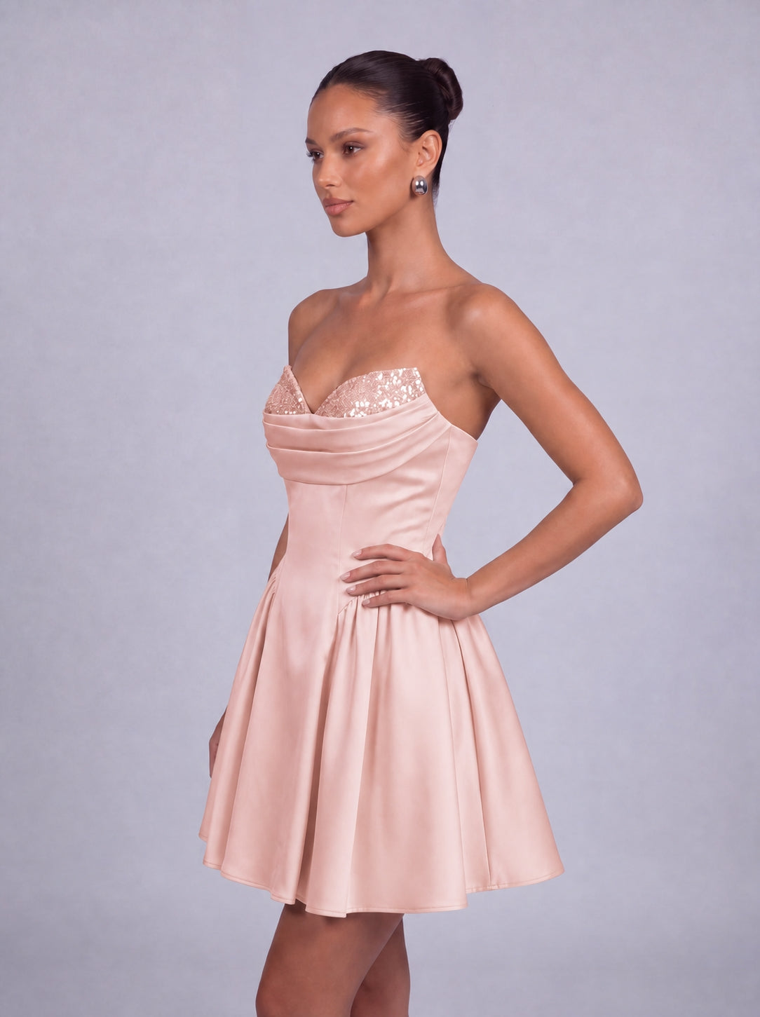 Sequin Sweetheart Strapless Satin Fit-and-Flare Mini Dress – Party & Cocktail Dress - Light Pink - View 6