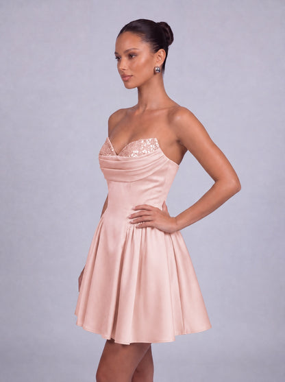 Sequin Sweetheart Strapless Satin Fit-and-Flare Mini Dress – Party & Cocktail Dress - Light Pink - View 6