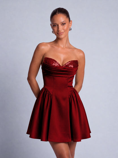 Sequin Sweetheart Strapless Satin Fit-and-Flare Mini Dress – Party & Cocktail Dress - Wine Red - View 3