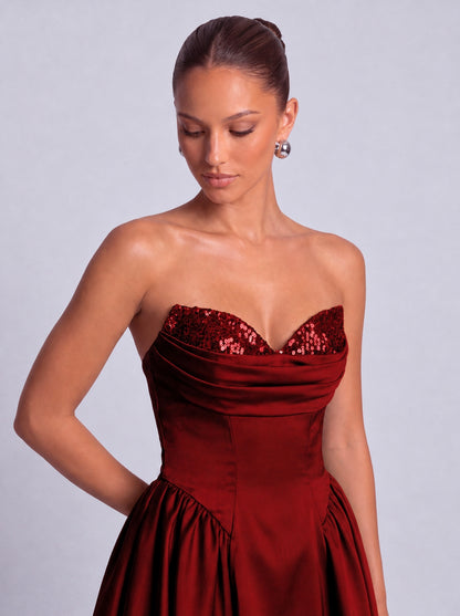 Sequin Sweetheart Strapless Satin Fit-and-Flare Mini Dress – Party & Cocktail Dress - Wine Red - View 4