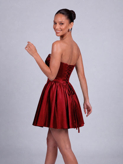 Sequin Sweetheart Strapless Satin Fit-and-Flare Mini Dress – Party & Cocktail Dress - Wine Red - View 5
