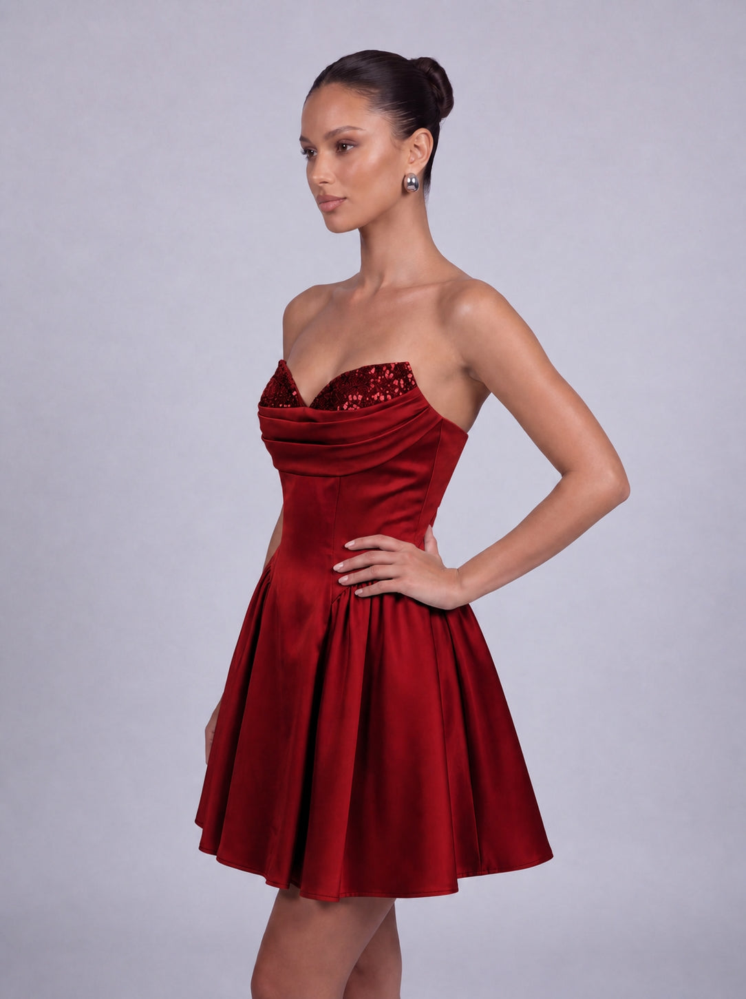 Sequin Sweetheart Strapless Satin Fit-and-Flare Mini Dress – Party & Cocktail Dress - Wine Red - View 6
