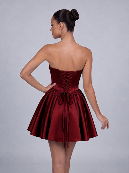 Sequin Sweetheart Strapless Satin Fit-and-Flare Mini Dress – Party & Cocktail Dress - Wine Red - View 7
