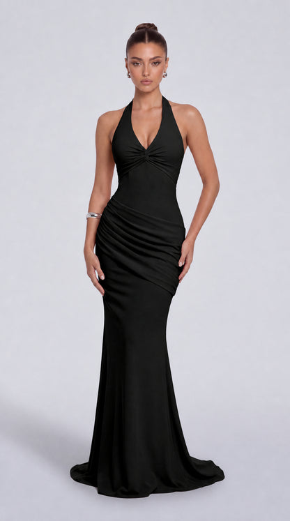 Twist-Front Halter Neck Lace-Up Back Ruched Mermaid Maxi Dress – Prom & Evening Gown - Black - View 1
