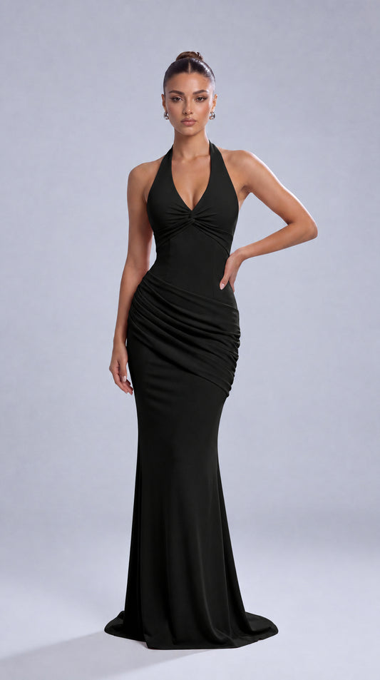 Twist-Front Halter Neck Lace-Up Back Ruched Mermaid Maxi Dress – Prom & Evening Gown - Black - View 2