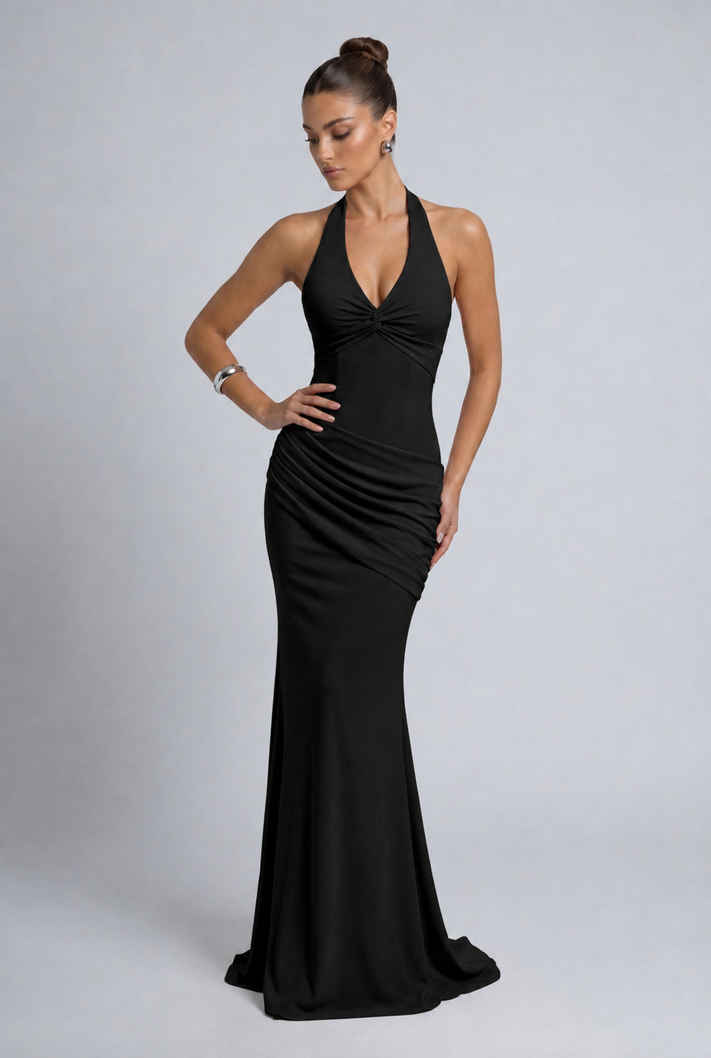Twist-Front Halter Neck Lace-Up Back Ruched Mermaid Maxi Dress – Prom & Evening Gown - Black - View 4