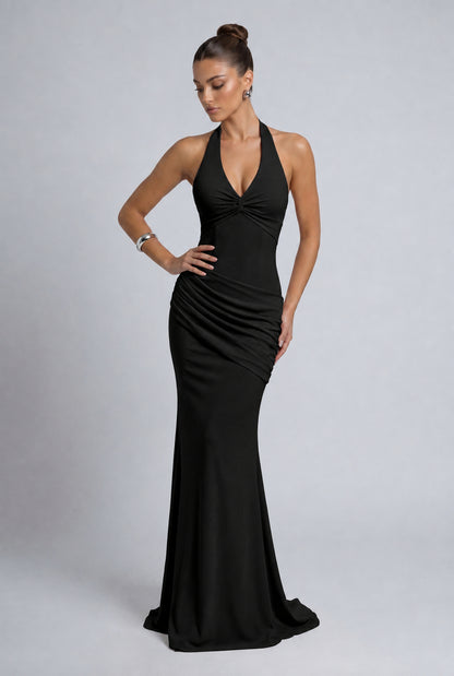 Twist-Front Halter Neck Lace-Up Back Ruched Mermaid Maxi Dress – Prom & Evening Gown - Black - View 4