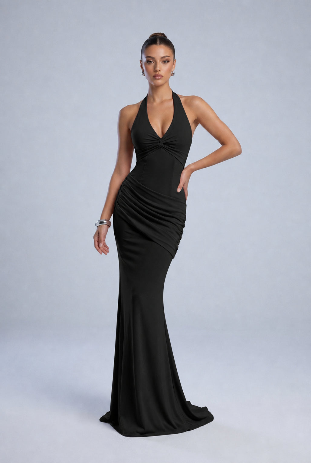 Twist-Front Halter Neck Lace-Up Back Ruched Mermaid Maxi Dress – Prom & Evening Gown - Black - View 5