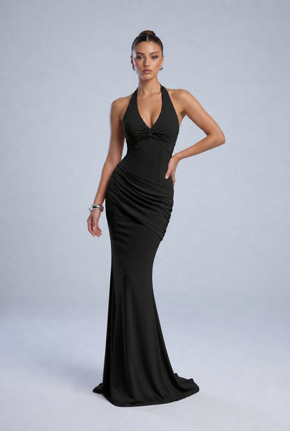Twist-Front Halter Neck Lace-Up Back Ruched Mermaid Maxi Dress – Prom & Evening Gown - Black - View 5