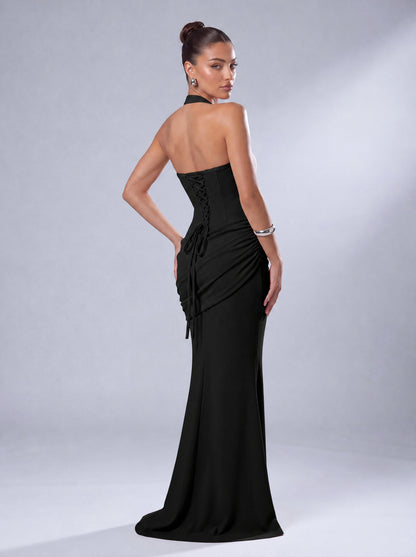 Twist-Front Halter Neck Lace-Up Back Ruched Mermaid Maxi Dress – Prom & Evening Gown - Black - View 7