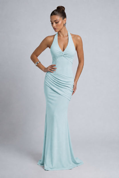 Twist-Front Halter Neck Lace-Up Back Ruched Mermaid Maxi Dress – Prom & Evening Gown - Light Blue - View 4