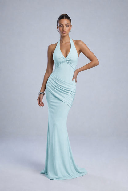 Twist-Front Halter Neck Lace-Up Back Ruched Mermaid Maxi Dress – Prom & Evening Gown - Light Blue - View 5