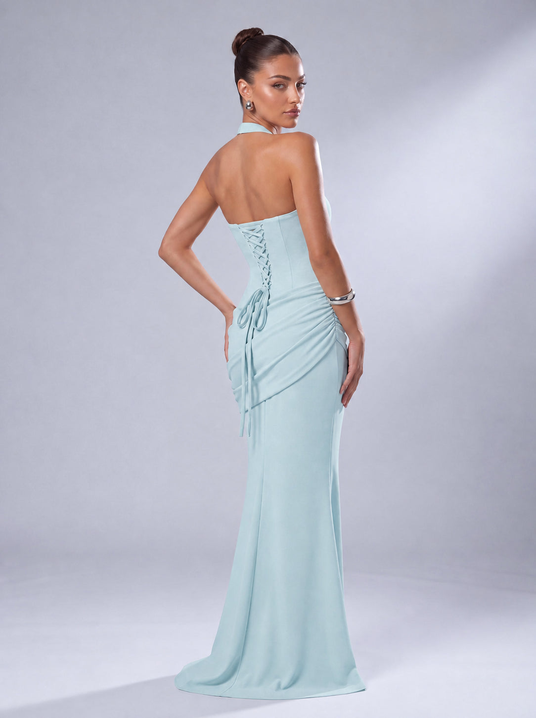 Twist-Front Halter Neck Lace-Up Back Ruched Mermaid Maxi Dress – Prom & Evening Gown - Light Blue - View 7