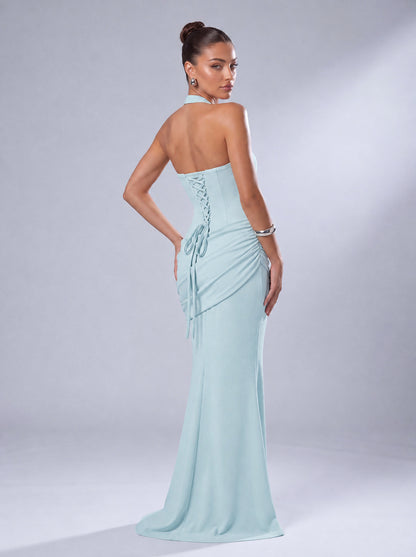 Twist-Front Halter Neck Lace-Up Back Ruched Mermaid Maxi Dress – Prom & Evening Gown - Light Blue - View 7