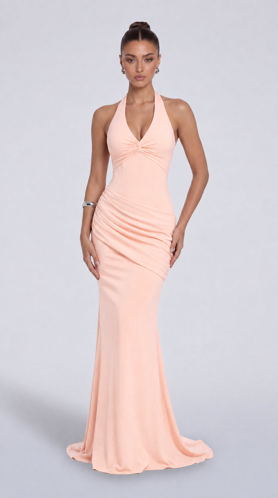 Twist-Front Halter Neck Lace-Up Back Ruched Mermaid Maxi Dress – Prom & Evening Gown - Light Pink - View 1
