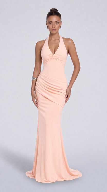 Twist-Front Halter Neck Lace-Up Back Ruched Mermaid Maxi Dress – Prom & Evening Gown - Light Pink - View 1