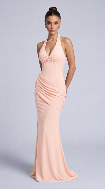 Twist-Front Halter Neck Lace-Up Back Ruched Mermaid Maxi Dress – Prom & Evening Gown - Light Pink - View 3