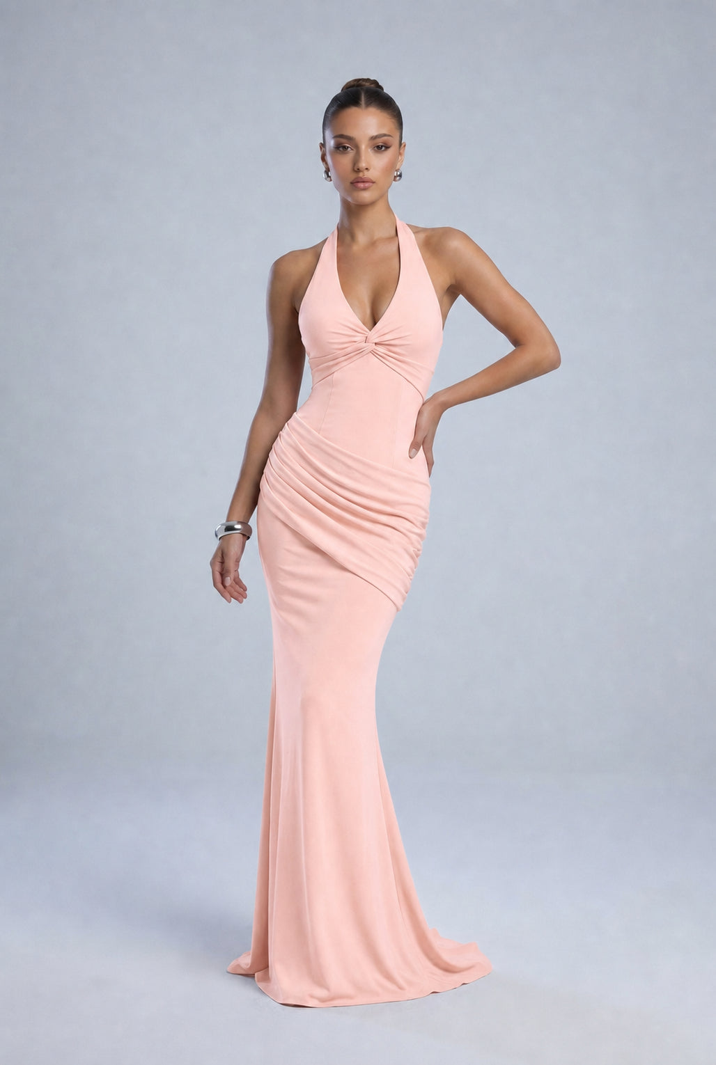 Twist-Front Halter Neck Lace-Up Back Ruched Mermaid Maxi Dress – Prom & Evening Gown - Light Pink - View 5