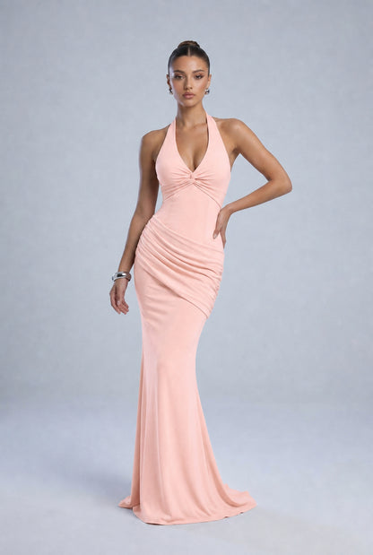 Twist-Front Halter Neck Lace-Up Back Ruched Mermaid Maxi Dress – Prom & Evening Gown - Light Pink - View 5