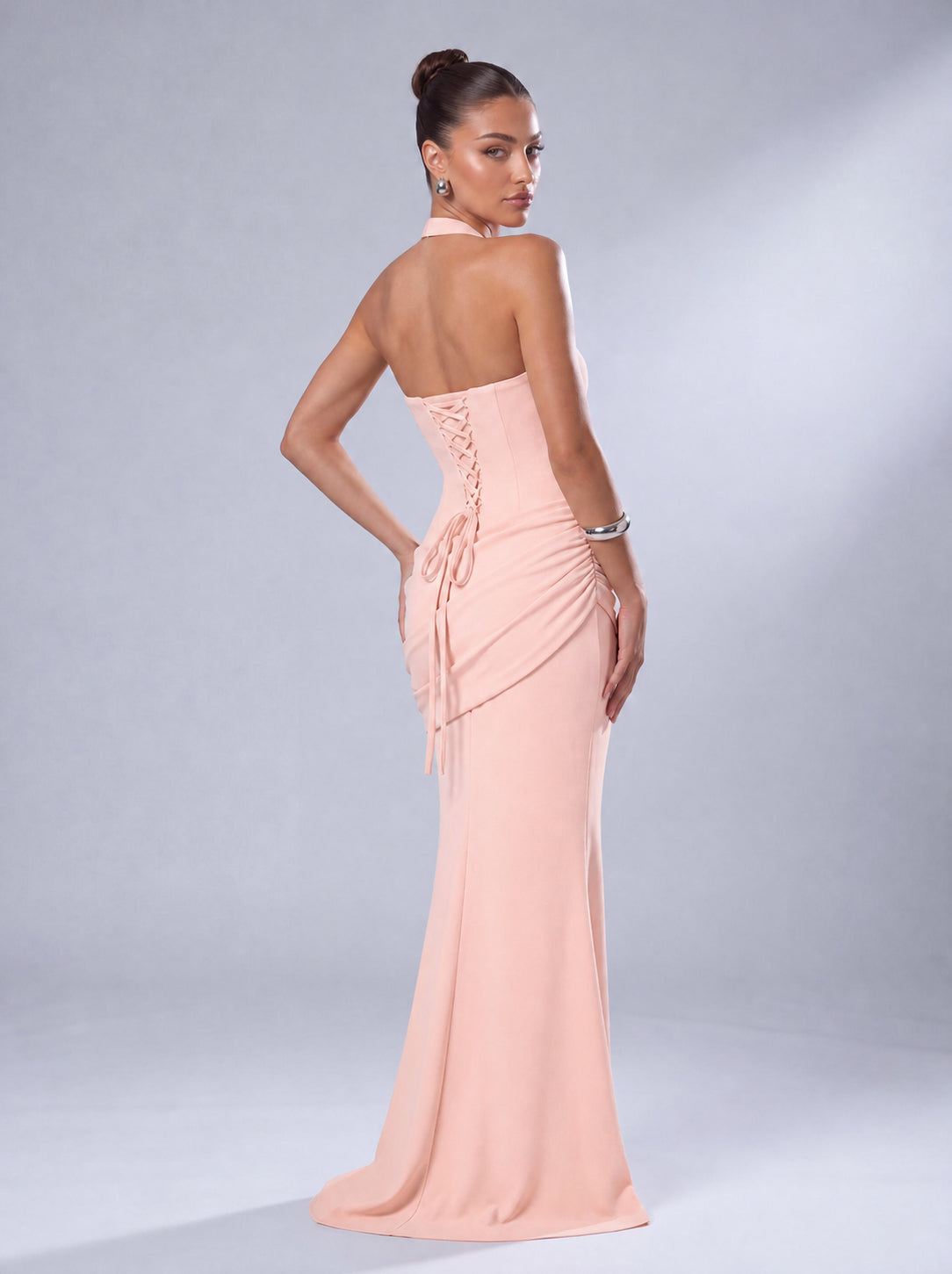 Twist-Front Halter Neck Lace-Up Back Ruched Mermaid Maxi Dress – Prom & Evening Gown - Light Pink - View 7