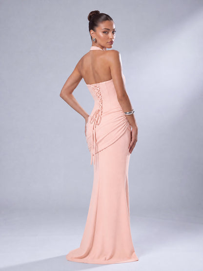 Twist-Front Halter Neck Lace-Up Back Ruched Mermaid Maxi Dress – Prom & Evening Gown - Light Pink - View 7