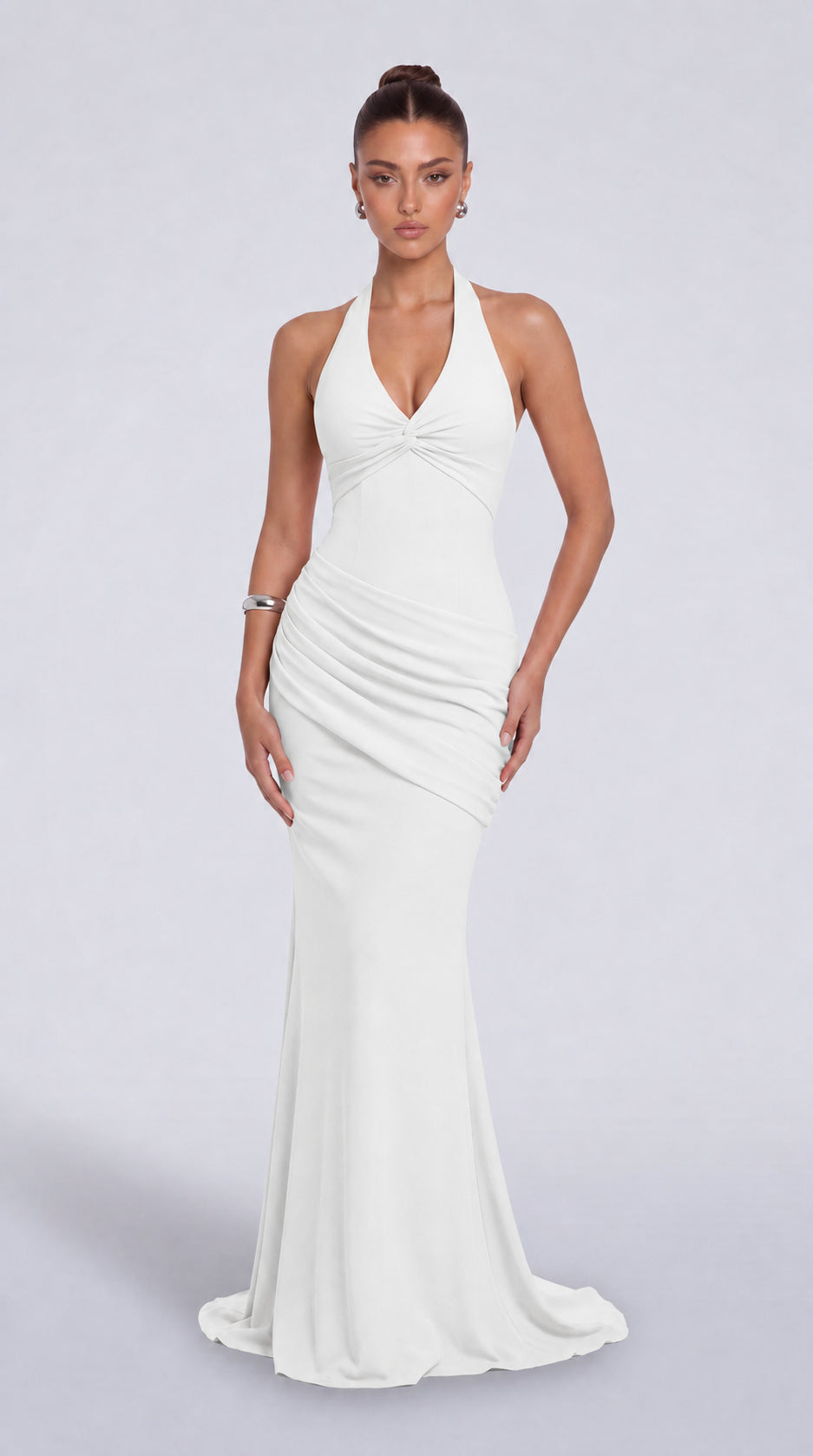 Twist-Front Halter Neck Lace-Up Back Ruched Mermaid Maxi Dress – Prom & Evening Gown - White - View 1