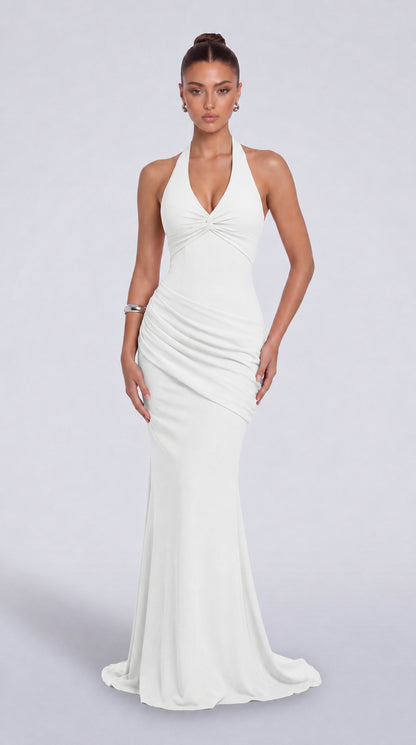 Twist-Front Halter Neck Lace-Up Back Ruched Mermaid Maxi Dress – Prom & Evening Gown - White - View 1