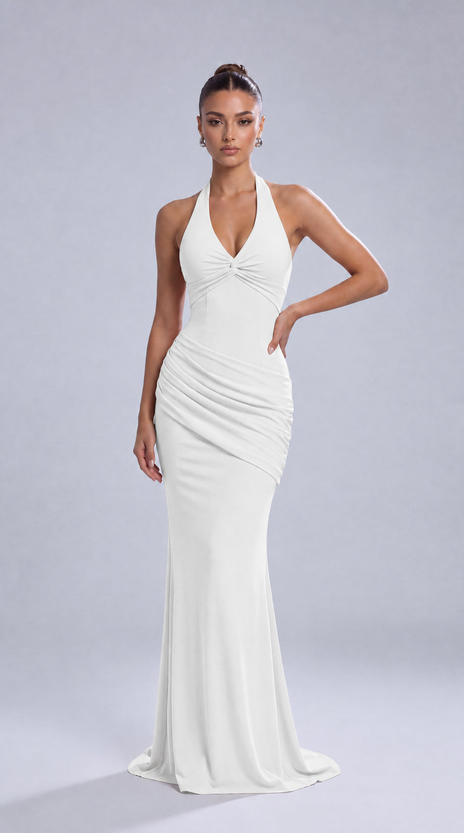 Twist-Front Halter Neck Lace-Up Back Ruched Mermaid Maxi Dress – Prom & Evening Gown - White - View 2