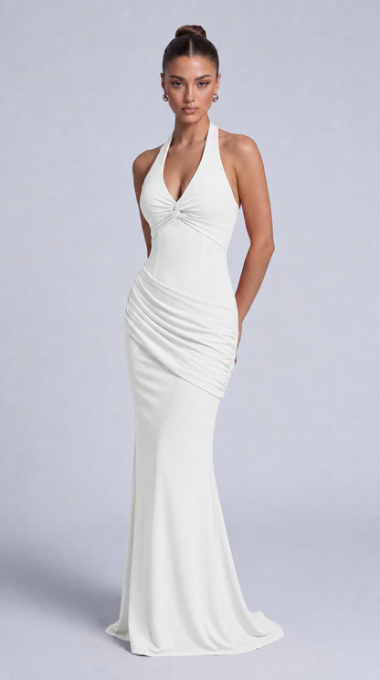 Twist-Front Halter Neck Lace-Up Back Ruched Mermaid Maxi Dress – Prom & Evening Gown - White - View 3